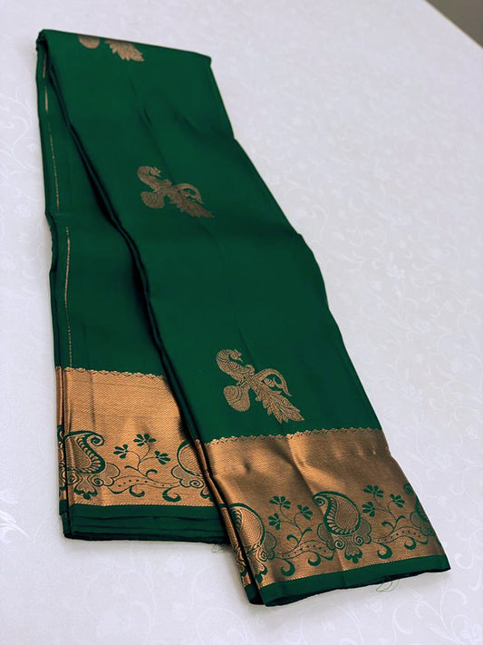 Green Kanjivaram Silk Saree with Mor Weaving & Traditional Broad Border