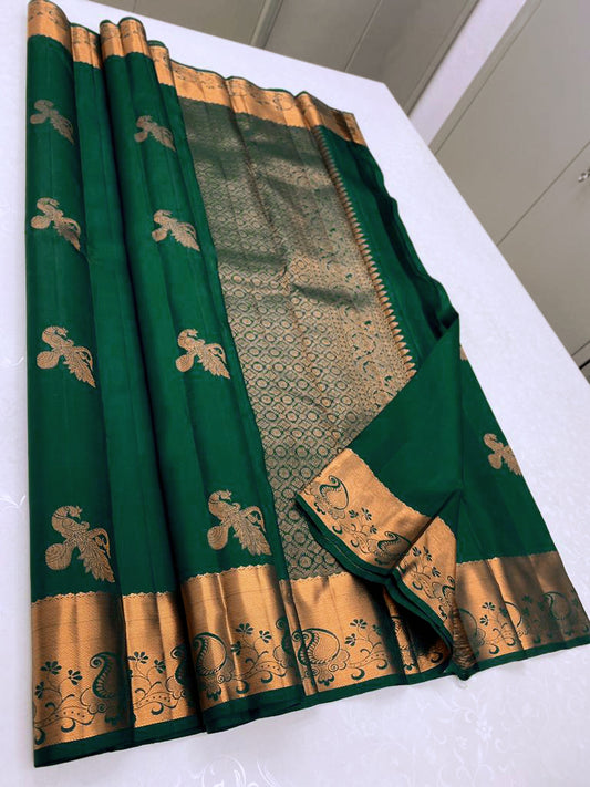 Green Kanjivaram Silk Saree with Mor Weaving & Traditional Broad Border
