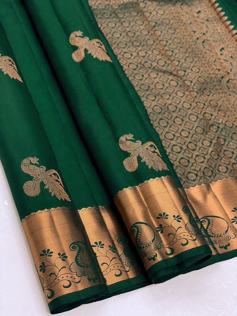 Green Kanjivaram Silk Saree with Mor Weaving & Traditional Broad Border
