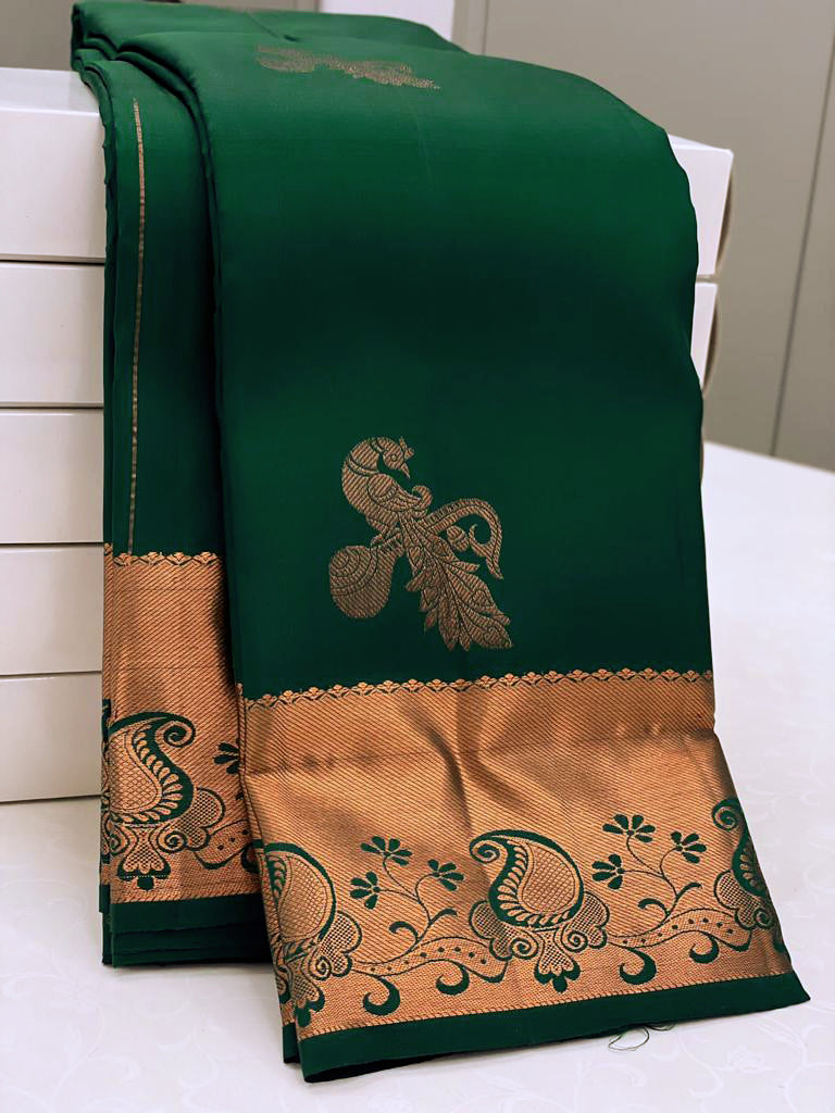 Green Kanjivaram Silk Saree with Mor Weaving & Traditional Broad Border