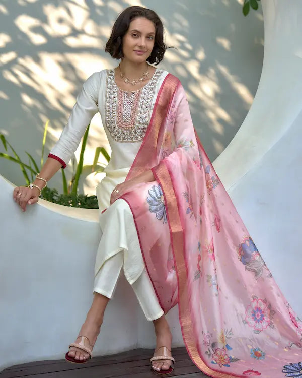 Ivory Blush White Kurti Set with Dupatta | Vatican-Organza Butti Blend
