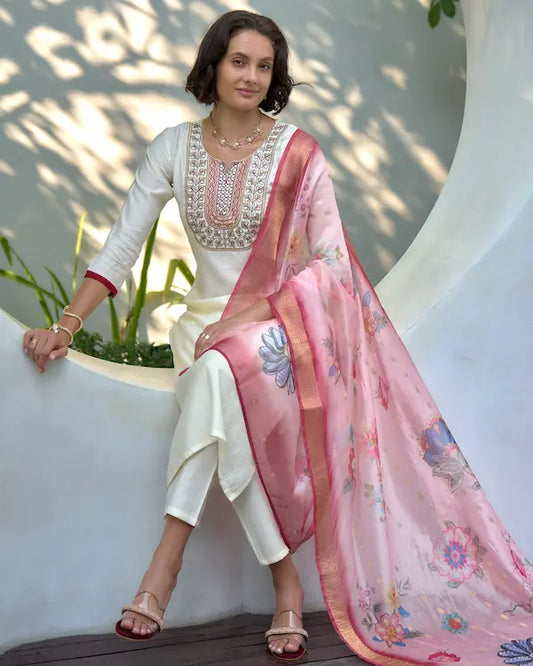 Ivory Blush White Kurti Set with Dupatta | Vatican-Organza Butti Blend