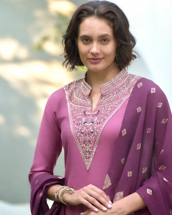 Mulberry Mist Embroidered Kurti Set with Dupatta | Vatican-Chanderi Jacquard