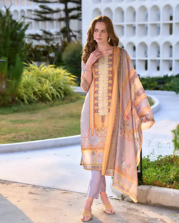 Golden Mirage Grey Embroidered Kurti Set with Dupatta | Silk Blend Fabric