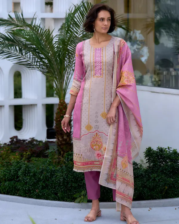 Blush Harmony Pink Embroidered Kurti Set with Dupatta | Silk Blend Fabric
