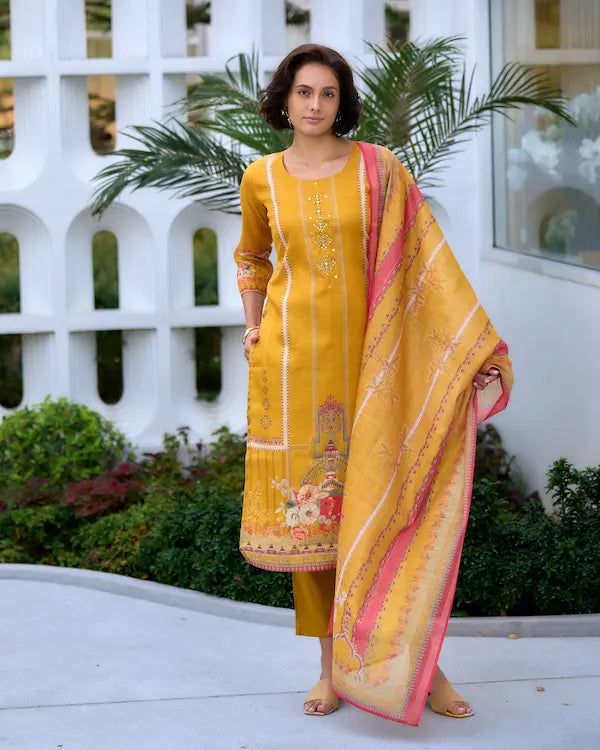 Sunbeam Shine Yellow Embroidered Kurti Set with Dupatta | Silk Blend Fabric