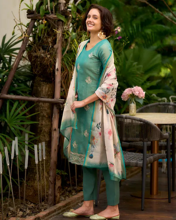 Aqua Bloom Blue Embroidered Kurti Set with Dupatta | Tissue Fabric