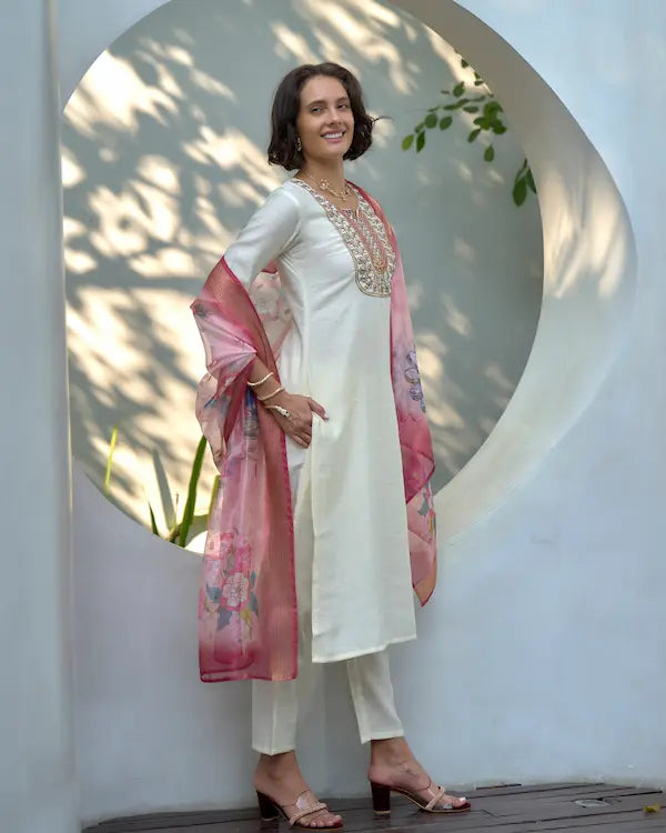 Ivory Blush White Kurti Set with Dupatta | Vatican-Organza Butti Blend