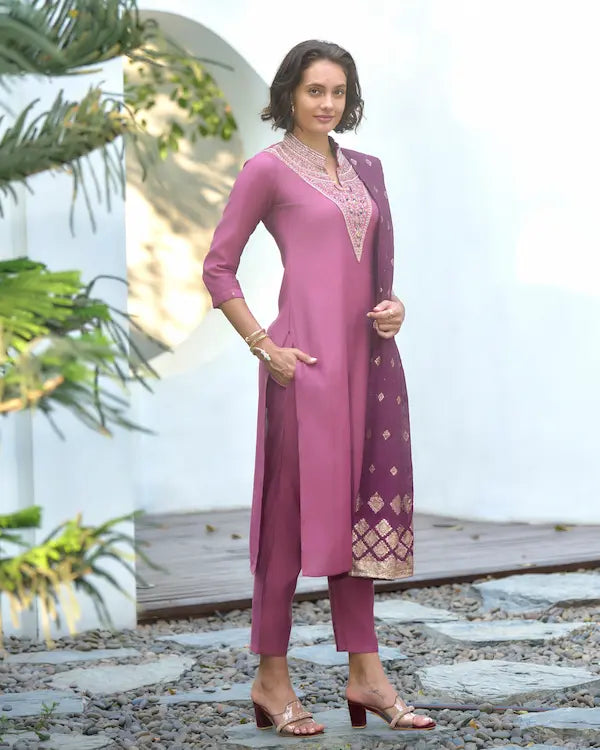 Mulberry Mist Embroidered Kurti Set with Dupatta | Vatican-Chanderi Jacquard
