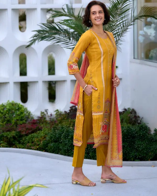 Sunbeam Shine Yellow Embroidered Kurti Set with Dupatta | Silk Blend Fabric