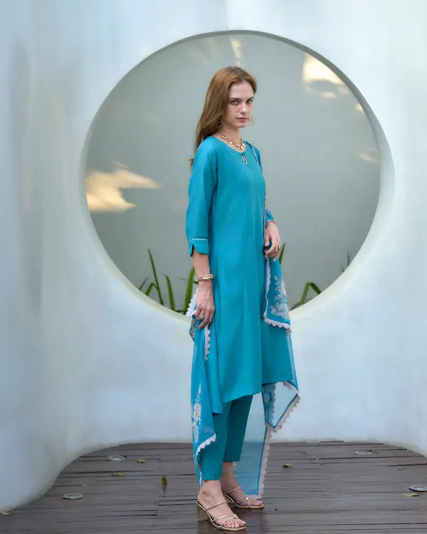 Serene Sky Blue Embroidered Kurti Set with Dupatta | Vatican-Organza Blend