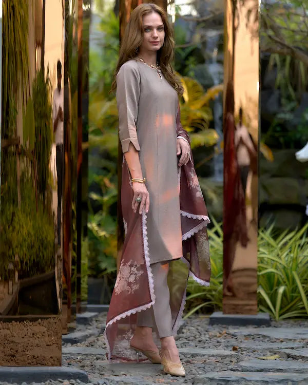 Cocoa Chic Brown Embroidered Kurti Set with Dupatta | Vatican-Organza Blend