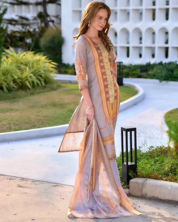 Golden Mirage Grey Embroidered Kurti Set with Dupatta | Silk Blend Fabric