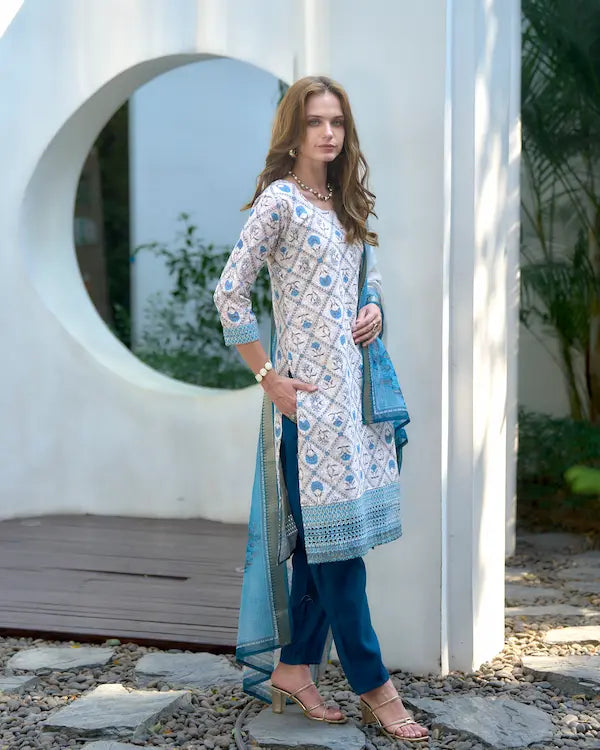 Ivory Frost White Cotton Kurti Set with Dupatta | Roman Fabric