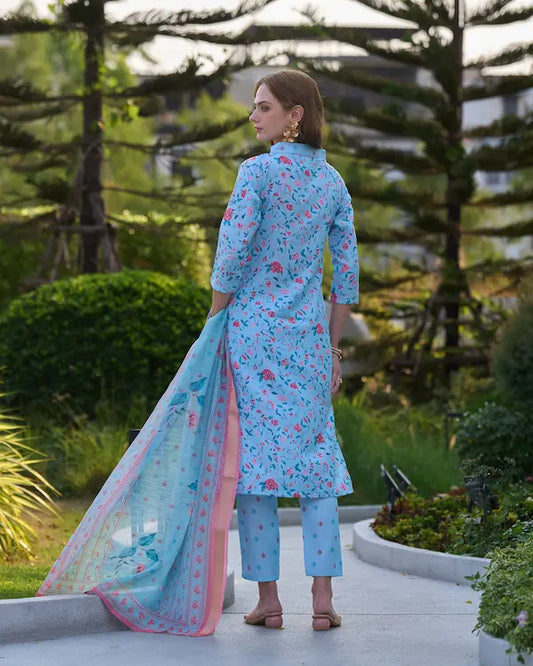Sky Bloom Blue Floral Printed Kurti Set with Dupatta | Vatican Fabric