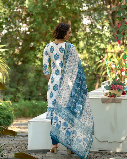 Blue Brilliance White Cotton Kurti Set with Dupatta | Roman Fabric