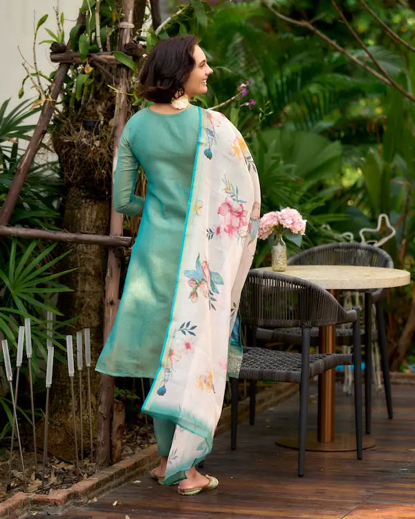 Aqua Bloom Blue Embroidered Kurti Set with Dupatta | Tissue Fabric