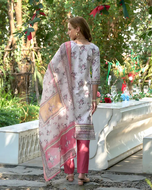 Rose Dusk White Cotton Kurti Set with Dupatta | Roman Fabric