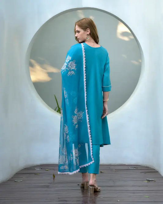 Serene Sky Blue Embroidered Kurti Set with Dupatta | Vatican-Organza Blend