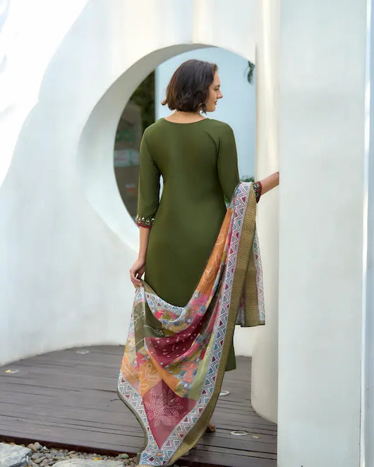 Olive Empress Green Embroidered Kurti Set with Dupatta | Vatican-Chanderi Butti