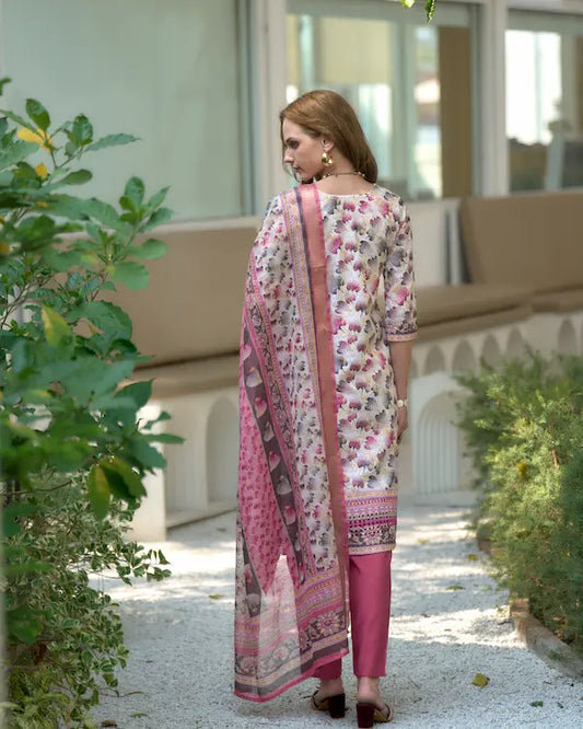 Petal Blush White Embroidered Kurti Set with Dupatta | Cotton-Linen Blend