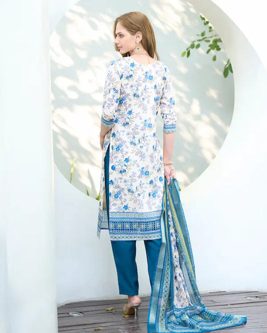 Azure Bloom White Embroidered Kurti Set with Dupatta | Cotton-Linen Blend
