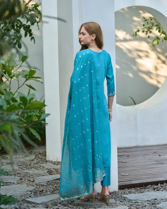 Teal Whisper Embroidered Kurti Set with Dupatta | Vatican-Chanderi Jacquard