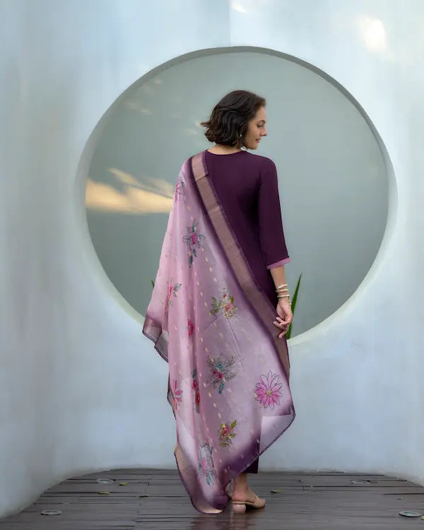 Garnet Bloom Purple Kurti Set with Dupatta | Vatican-Organza Butti Blend
