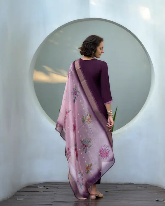 Garnet Bloom Purple Kurti Set with Dupatta | Vatican-Organza Butti Blend