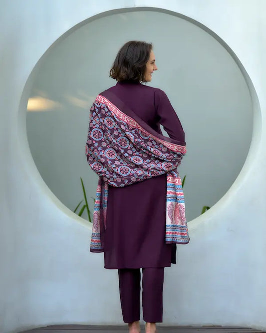 Velvet Plum Purple Kurti Set with Dupatta | Vatican-Chinnon Blend