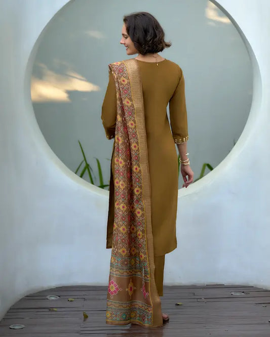 Desert Bloom Brown Embroidered Kurti Set with Dupatta | Vatican-Chanderi Butti