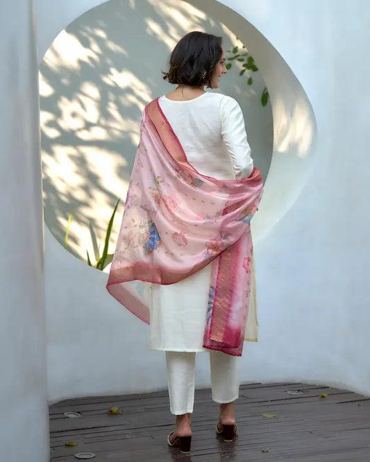 Ivory Blush White Kurti Set with Dupatta | Vatican-Organza Butti Blend