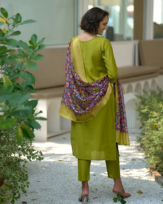Lime Luxe Green Kurti Set with Dupatta | Vatican-Chanderi Butti