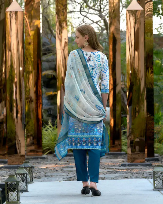 Ocean Bloom White Embroidered Kurti Set with Dupatta | Cotton-Linen Blend