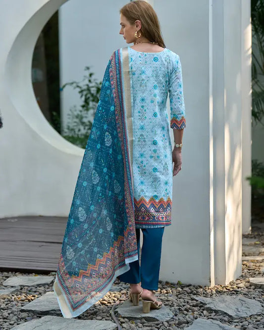 Aqua Bloom White Cotton Kurti Set with Dupatta | Roman Fabric