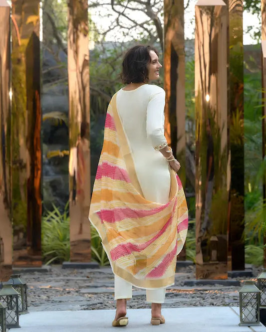 Ivory Charm White Kurti Set with Dupatta | Vatican-Chanderi Butti