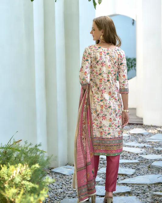 Rosé Reverie White Embroidered Kurti Set with Dupatta | Cotton-Linen Blend
