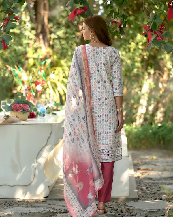 Rose Rhythm White Cotton Kurti Set with Dupatta | Roman Fabric