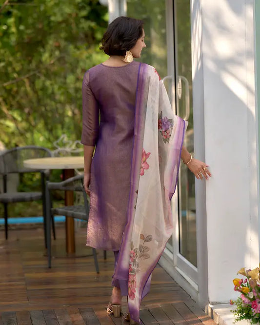 Mystic Mauve Purple Embroidered Kurti Set with Dupatta | Tissue Fabric