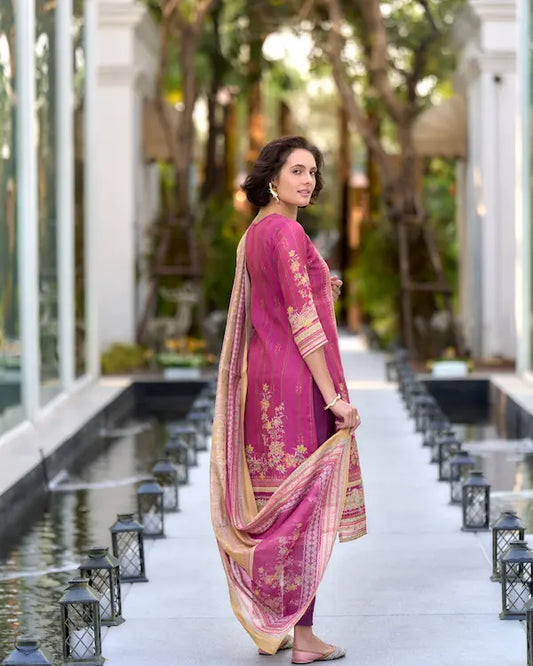 Gold Blossom Pink Embroidered Kurti Set with Dupatta | Silk Blend Fabric