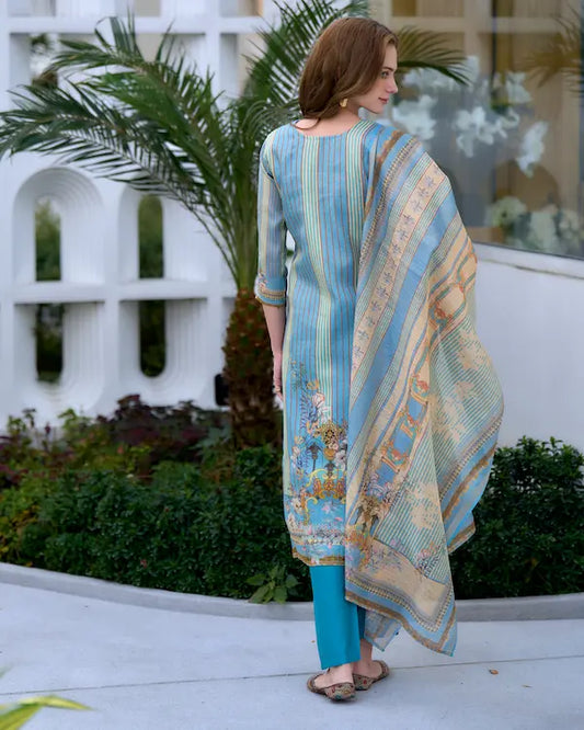 Royal Breeze Blue Embroidered Kurti Set with Dupatta | Silk Blend Fabric
