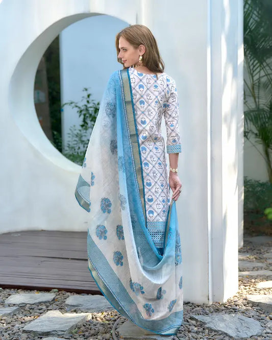 Ivory Frost White Cotton Kurti Set with Dupatta | Roman Fabric