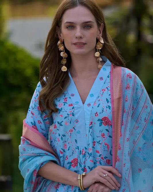 Sky Bloom Blue Floral Printed Kurti Set with Dupatta | Vatican Fabric