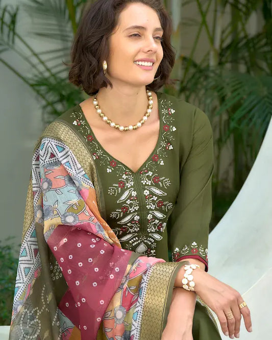 Olive Empress Green Embroidered Kurti Set with Dupatta | Vatican-Chanderi Butti