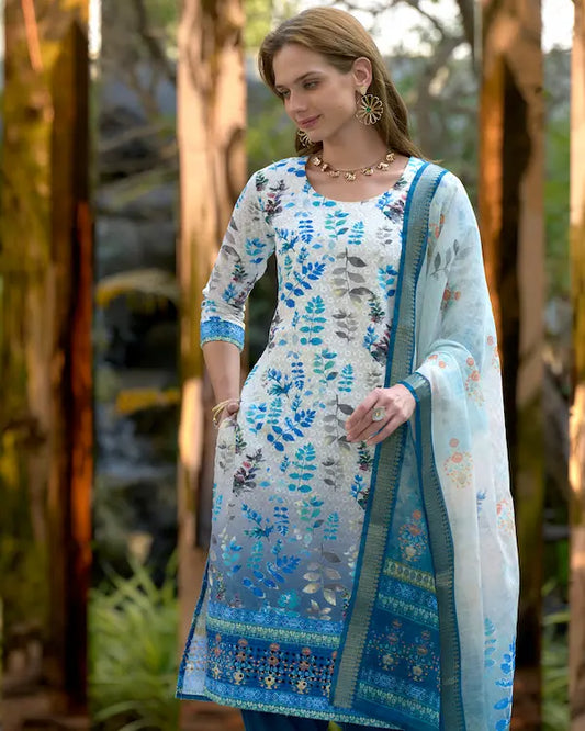 Ocean Bloom White Embroidered Kurti Set with Dupatta | Cotton-Linen Blend