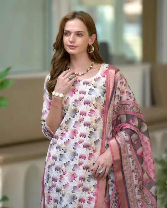 Petal Blush White Embroidered Kurti Set with Dupatta | Cotton-Linen Blend