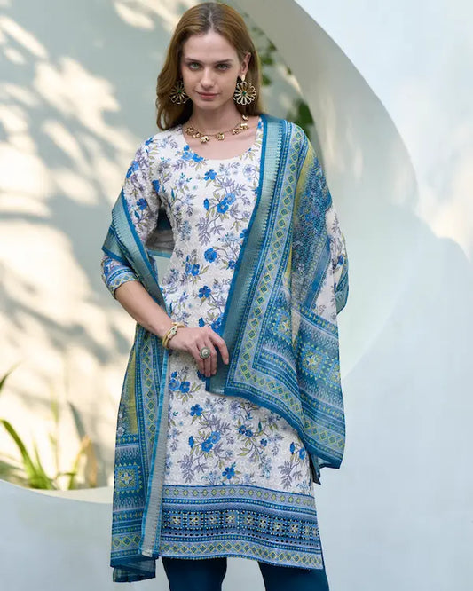 Azure Bloom White Embroidered Kurti Set with Dupatta | Cotton-Linen Blend