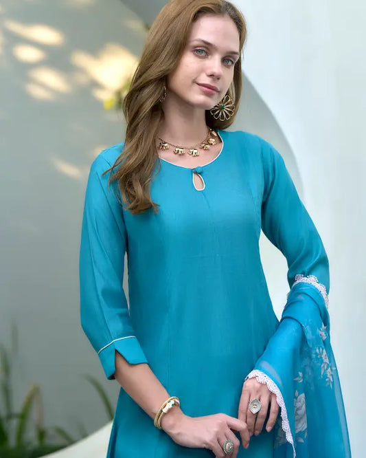 Serene Sky Blue Embroidered Kurti Set with Dupatta | Vatican-Organza Blend