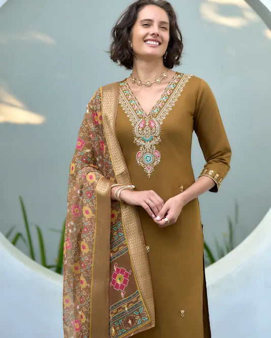 Desert Bloom Brown Embroidered Kurti Set with Dupatta | Vatican-Chanderi Butti