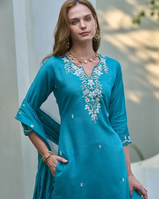 Teal Whisper Embroidered Kurti Set with Dupatta | Vatican-Chanderi Jacquard